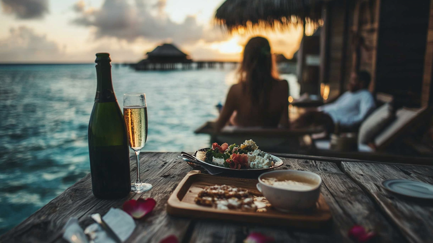 Couple eating snacks and relaxing on honeymoon in Maldives